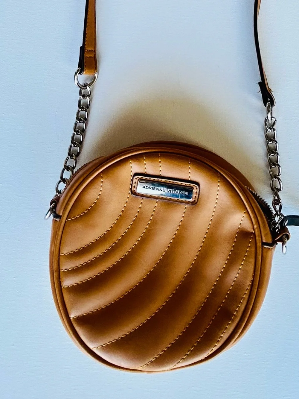Adrienne Vittadini Round Quilted Crossbody Bag in Tan